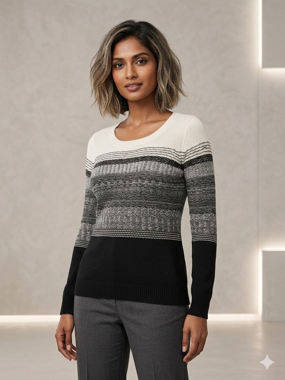 MILLY Ombre Striped Wool Blend Knit Scoop Neck Sweater Black White Size M